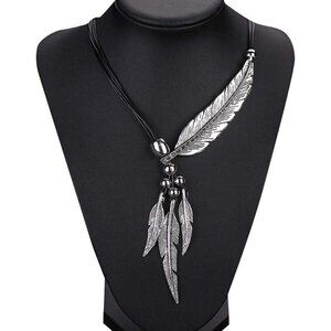 Boho Silver Feather Pendant Necklace Vintage Statement Jewelry for Women